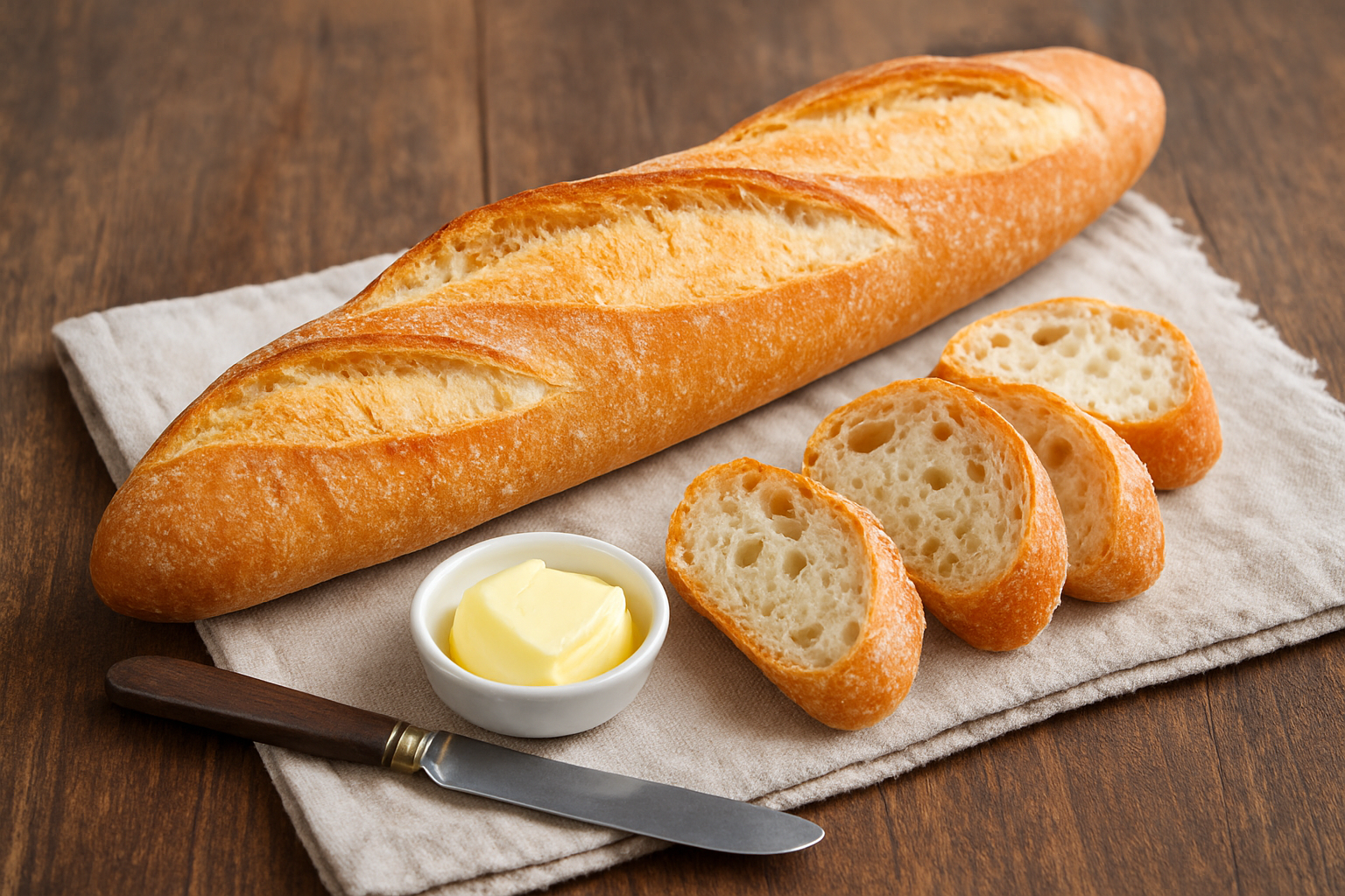 Freshly baked French baguette with golden crust, sliced pieces showing airy texture, served with butter on a rustic wooden table.Freshly baked French baguette with golden crust, sliced pieces showing airy texture, served with butter on a rustic wooden table.