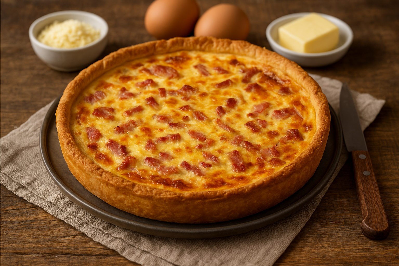 Freshly baked Quiche Lorraine with golden crust, traditional French recipe with bacon, eggs, and cheese, authentic French cuisine.
