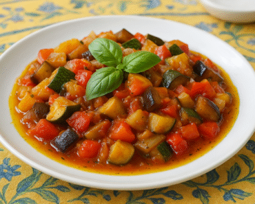 Traditional Provençal ratatouille served on a white plate with colorful vegetables — zucchini, eggplant, peppers, and tomatoes — garnished with fresh basil