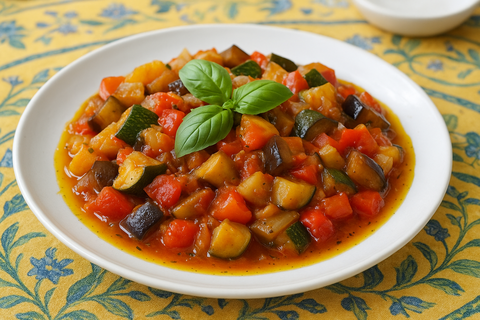 Traditional Provençal ratatouille served on a white plate with colorful vegetables — zucchini, eggplant, peppers, and tomatoes — garnished with fresh basil